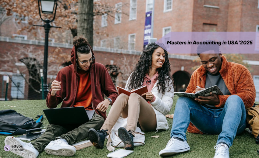 Masters in Accounting in USA Photo by Keira Burton: https://www.pexels.com/photo/cheerful-multiethnic-students-with-books-sitting-near-university-6146978/